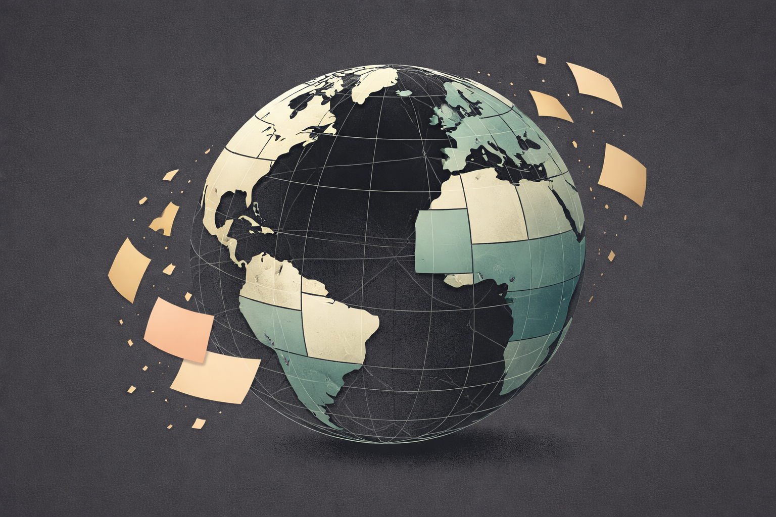 Geometric globe in sage and teal with missing panels revealing a charcoal wireframe, while peach, gold, and cream tiles float nearby as if assembling against a dark background.