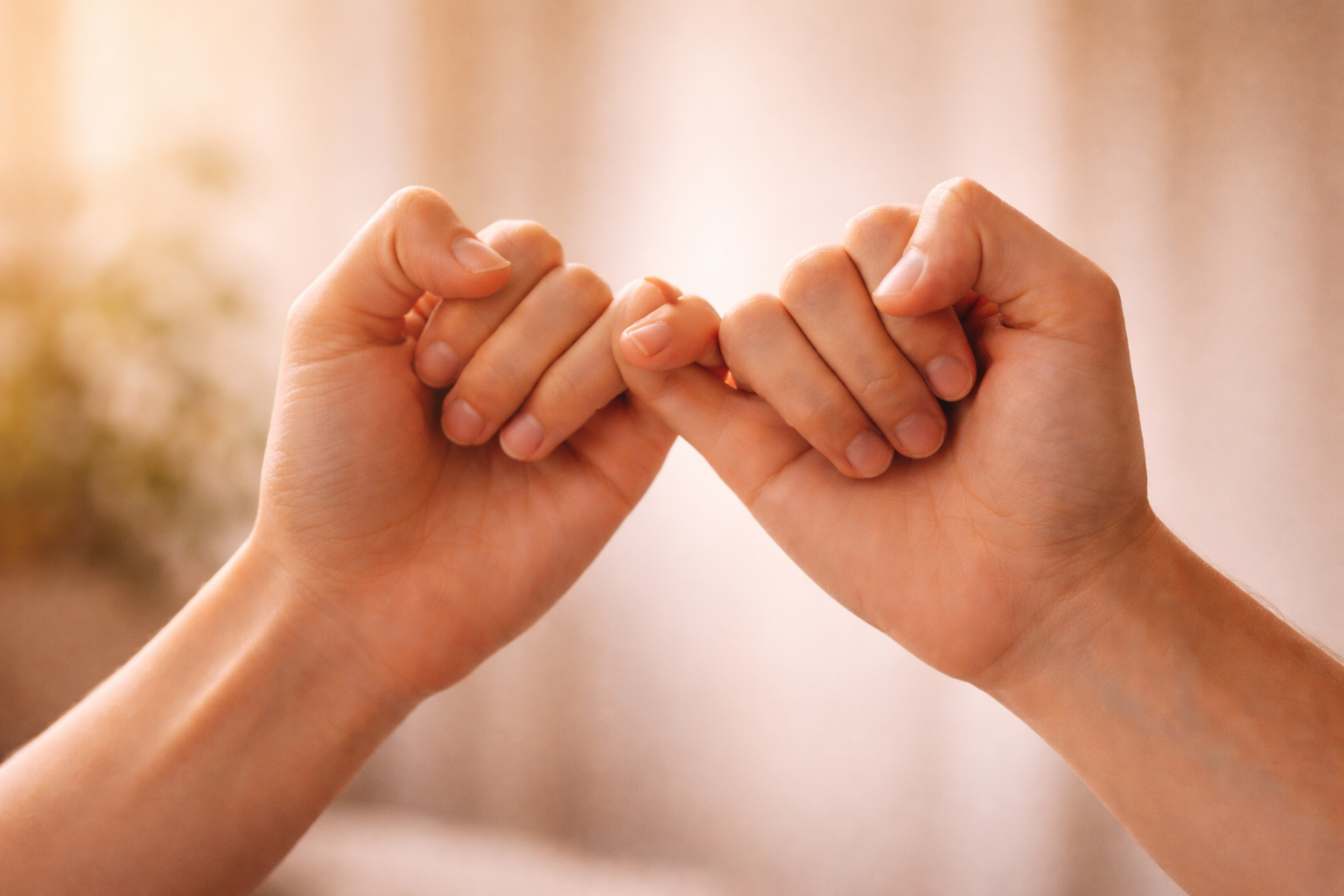 Two hands making a pinky promise in soft, natural light.