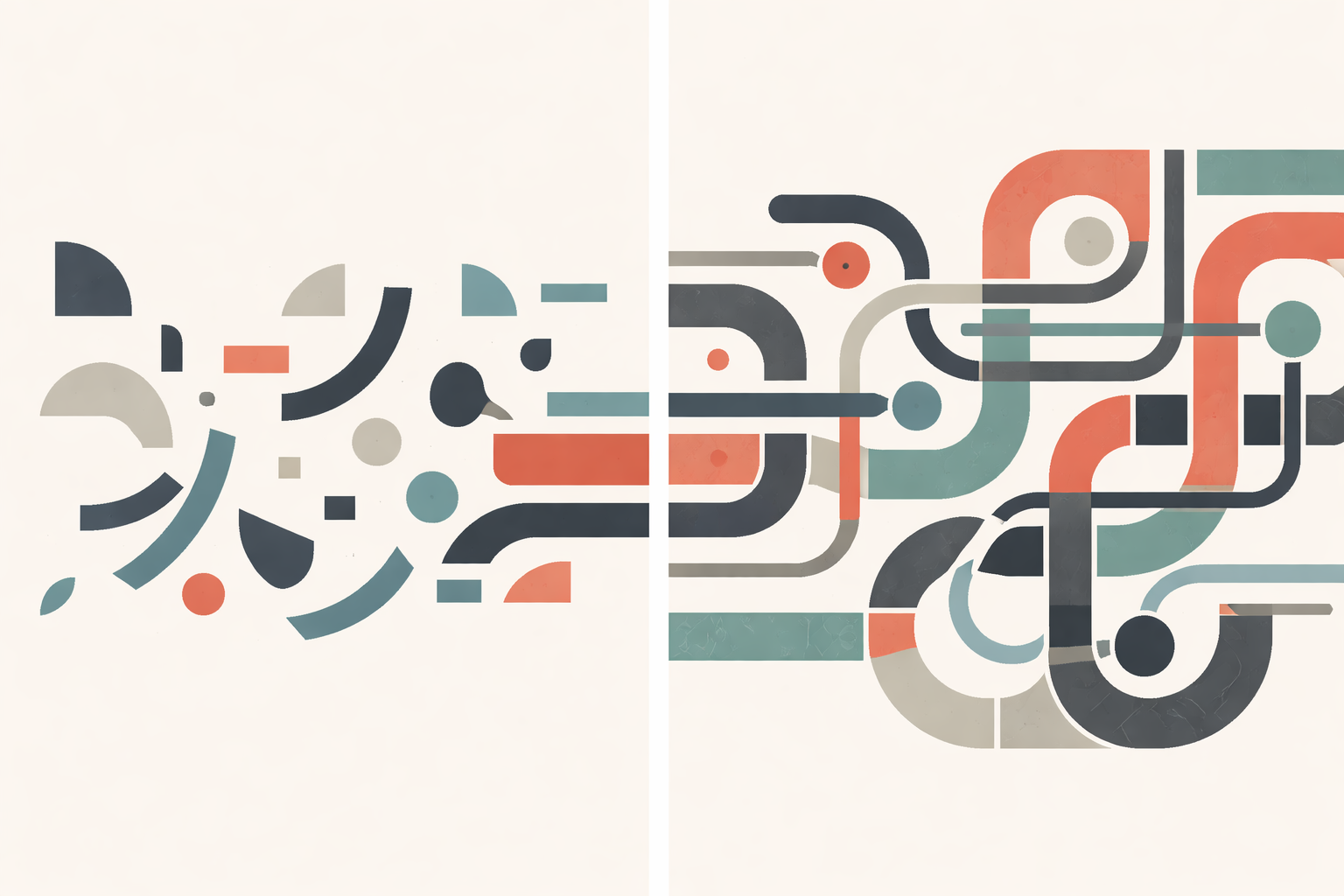 Abstract diptych showing geometric pathways evolving from scattered shapes on the left into an interconnected, harmonious network on the right, rendered in coral, teal, and charcoal with a mid-century modern style.