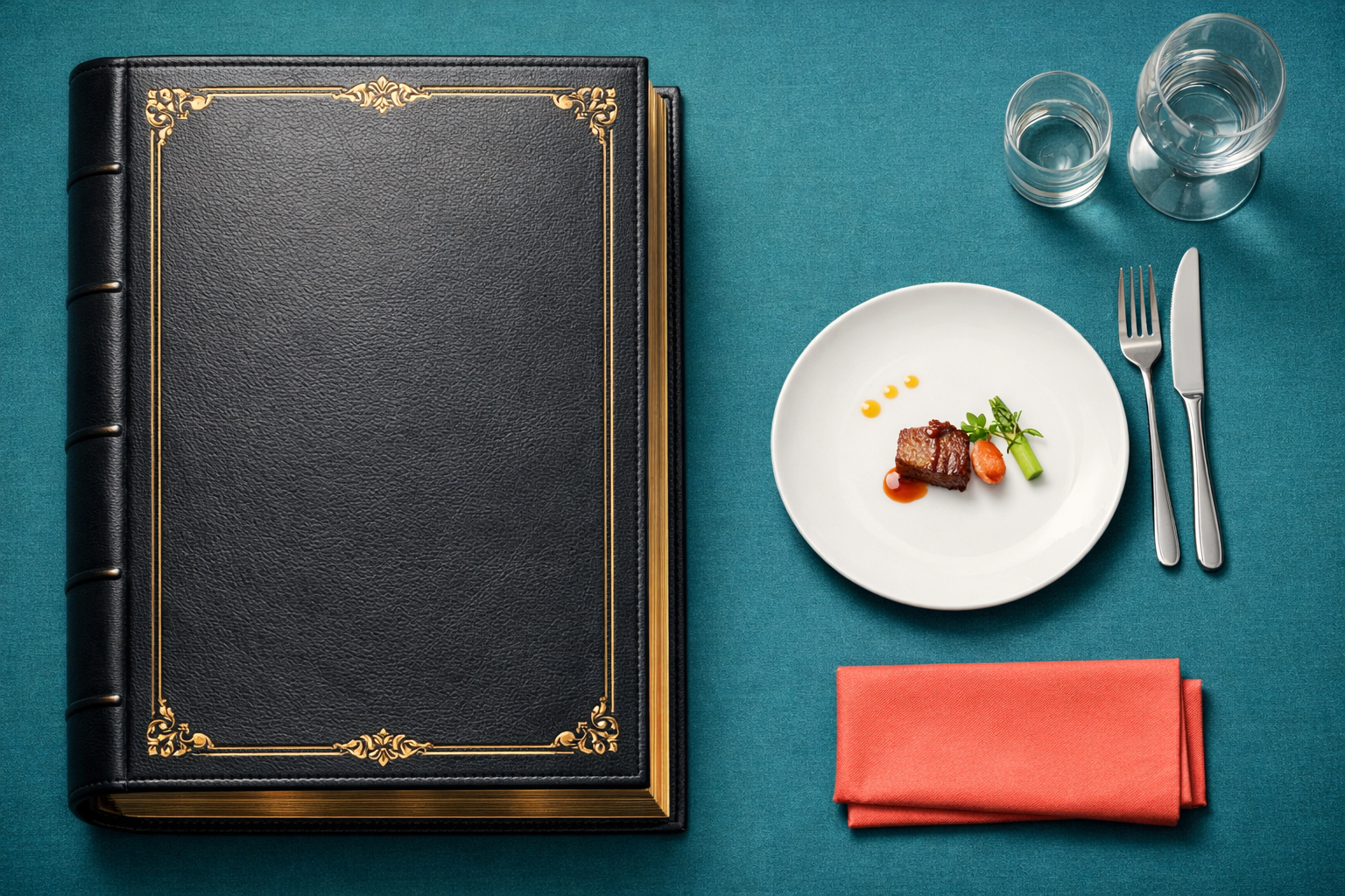 Overhead image of a fine-dining table: an oversized, charcoal leather menu with gold embossing dominates the left side, while a small, sparse plate of food sits to the right on a teal tablecloth, with a coral napkin nearby—clean, slightly satirical composition.