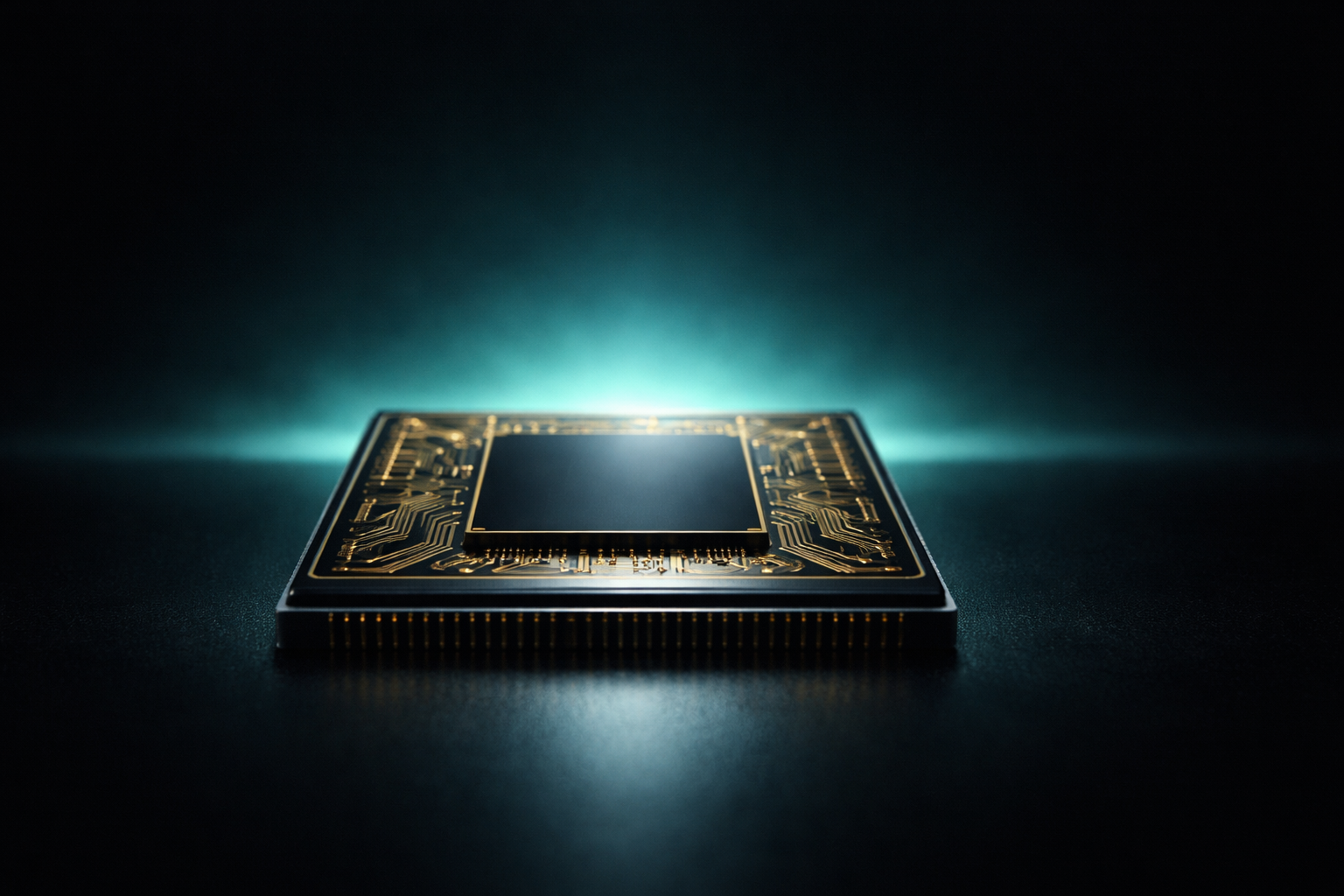 A single photorealistic microchip with gold circuitry centered on a dark reflective surface, backlit by a soft teal glow against a deep black background.