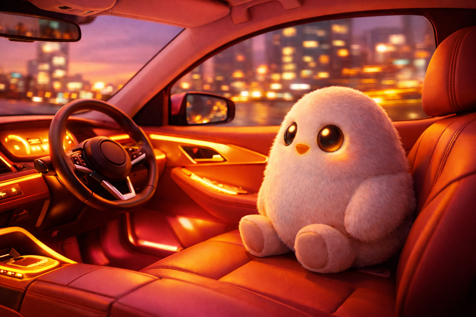 A fluffy, egg-shaped robot sits in the backseat of a driverless car, gazing out at a blurred city at dusk, surrounded by warm yellow and coral-pink interior lighting.