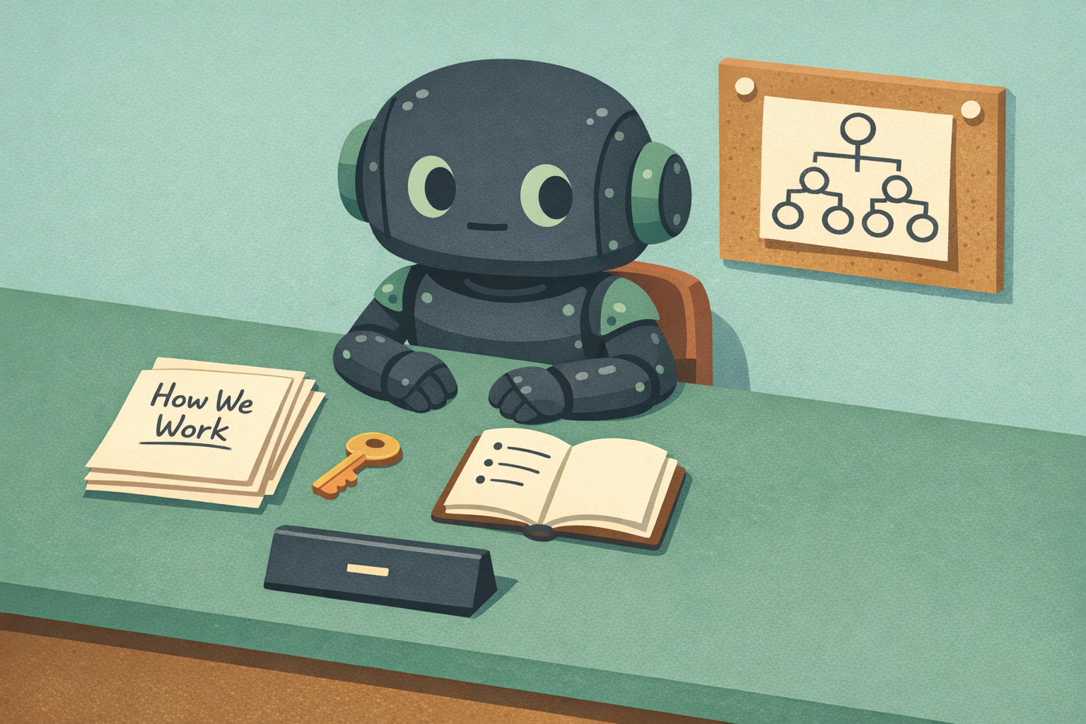 Flat illustration of a small charcoal robot with sage accents sitting at a sage-green desk on its first day, reviewing documents labeled “How We Work” beside a key and notebook, with a simple org chart pinned on a cork board behind it.