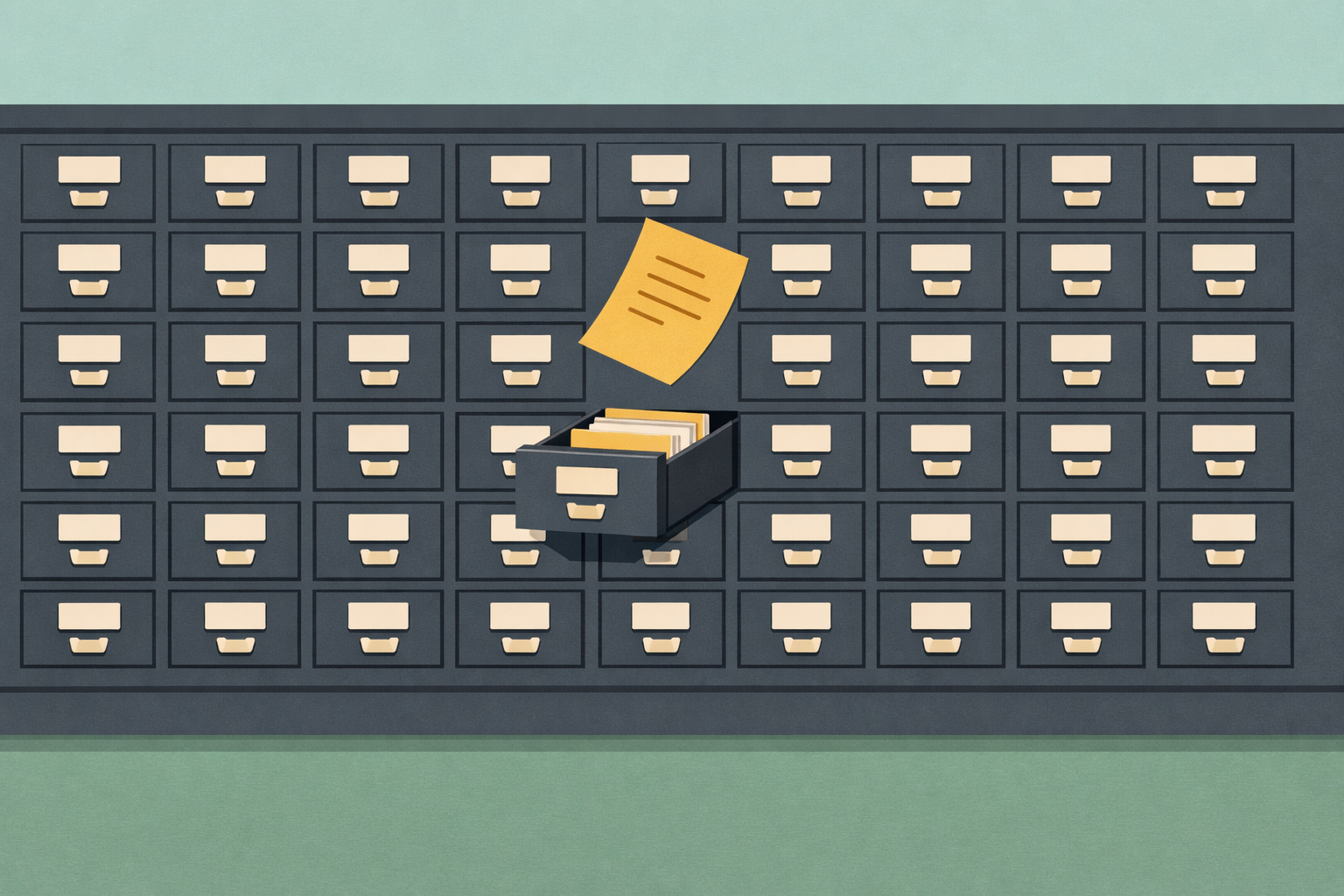 Vintage library card catalog cabinet with many small drawers; one drawer is open as a gold document floats upward against a soft teal background.