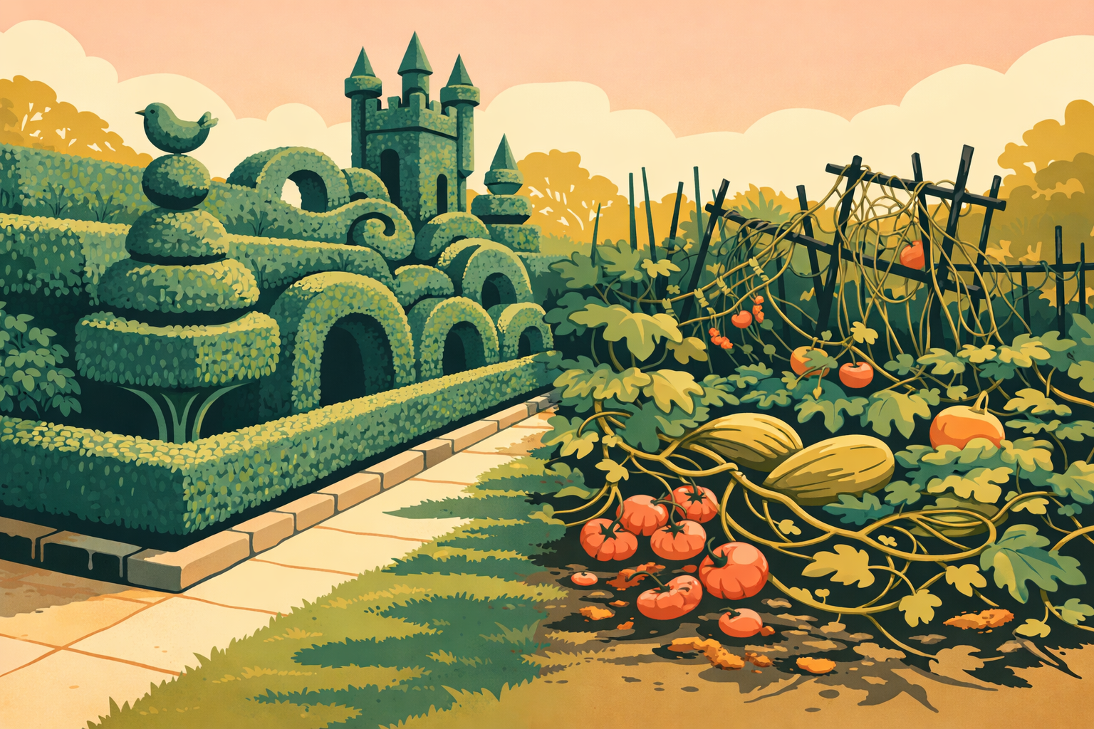 Meticulously sculpted topiary hedge beside an overgrown, neglected vegetable garden—lush vines, rotting tomatoes, and tangled squash—highlighting stark contrast under warm afternoon light.