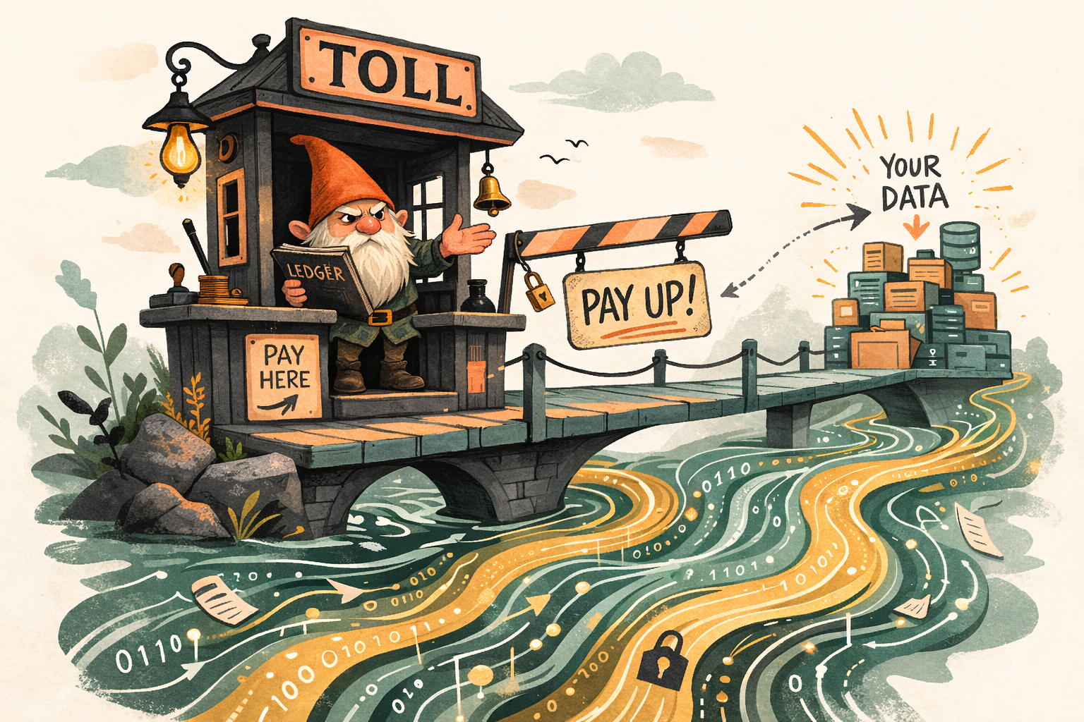 Whimsical illustration of a grumpy gnome at a toll booth on a small bridge, demanding payment as glowing sage and gold data streams flow beneath him.