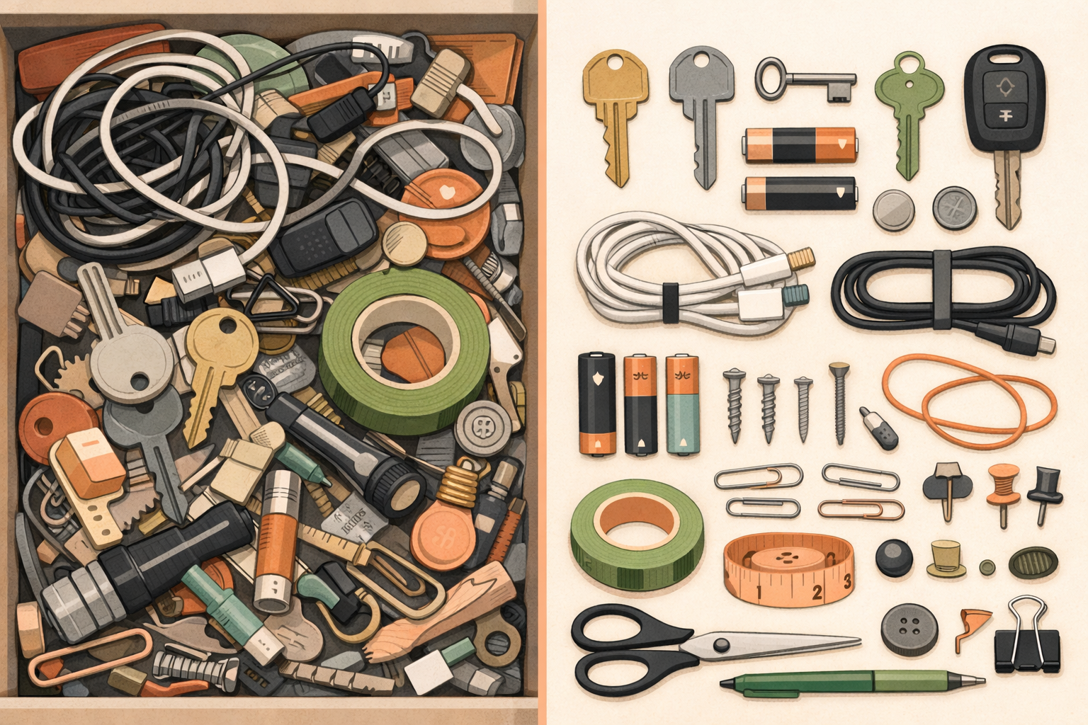 Split illustration of a junk drawer: left side shows a cluttered, overflowing drawer with tangled cables, mismatched keys, batteries, and loose screws in muted tones; right side shows the same items neatly arranged on a clean surface in a warm cream, peach, sage, and charcoal palette, organized but still varied in shape and size.