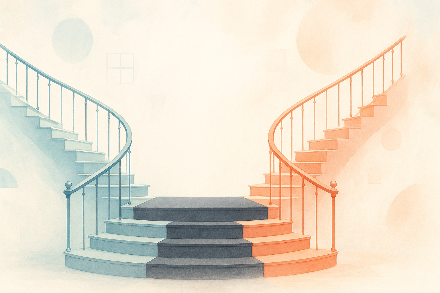 Two curved staircases—one in pastel blue and teal, the other in warm coral—ascend from opposite sides and meet at a charcoal-gray central platform against a soft, airy watercolor background.