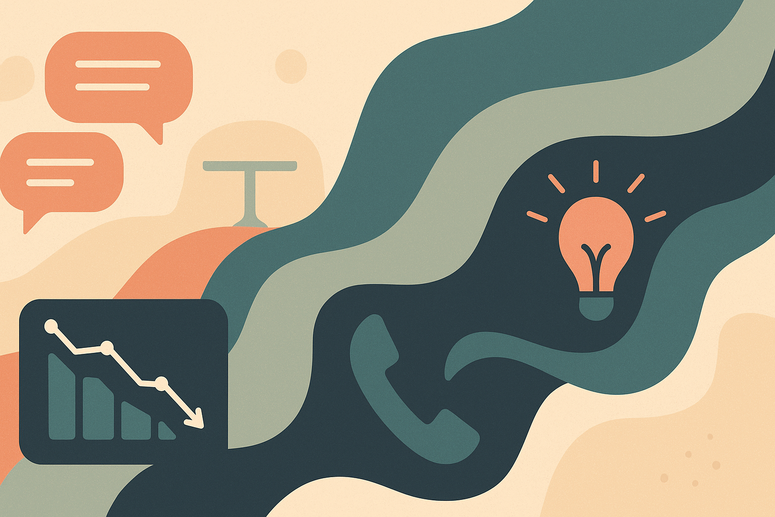 Abstract 2×1 illustration with speech bubbles, a dinner-table silhouette, declining call-volume icon, and a glowing lightbulb, all in flowing coral, teal, and charcoal Sidecar colors.