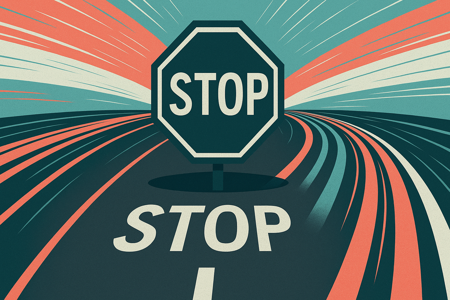 Stylized racetrack with a centered stop sign symbolizing a strategic pause that boosts momentum.
