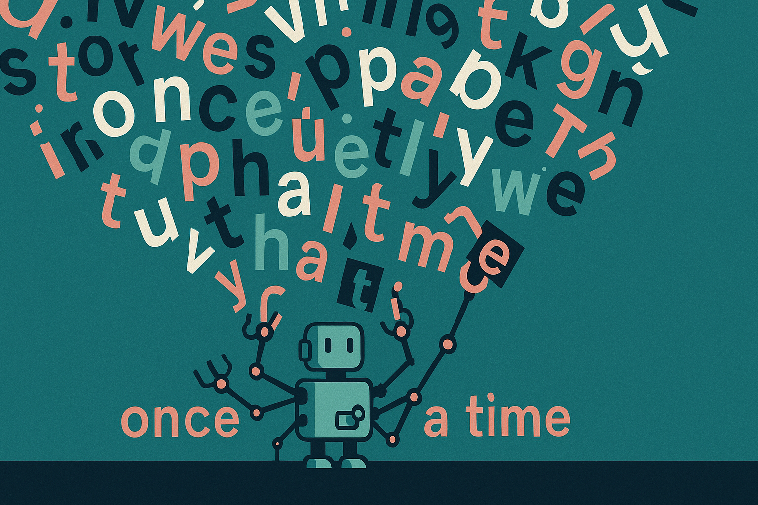 Abstract teal, coral, and charcoal illustration of a small robot with multiple arms organizing scattered floating letters into the phrase ‘once upon a time.