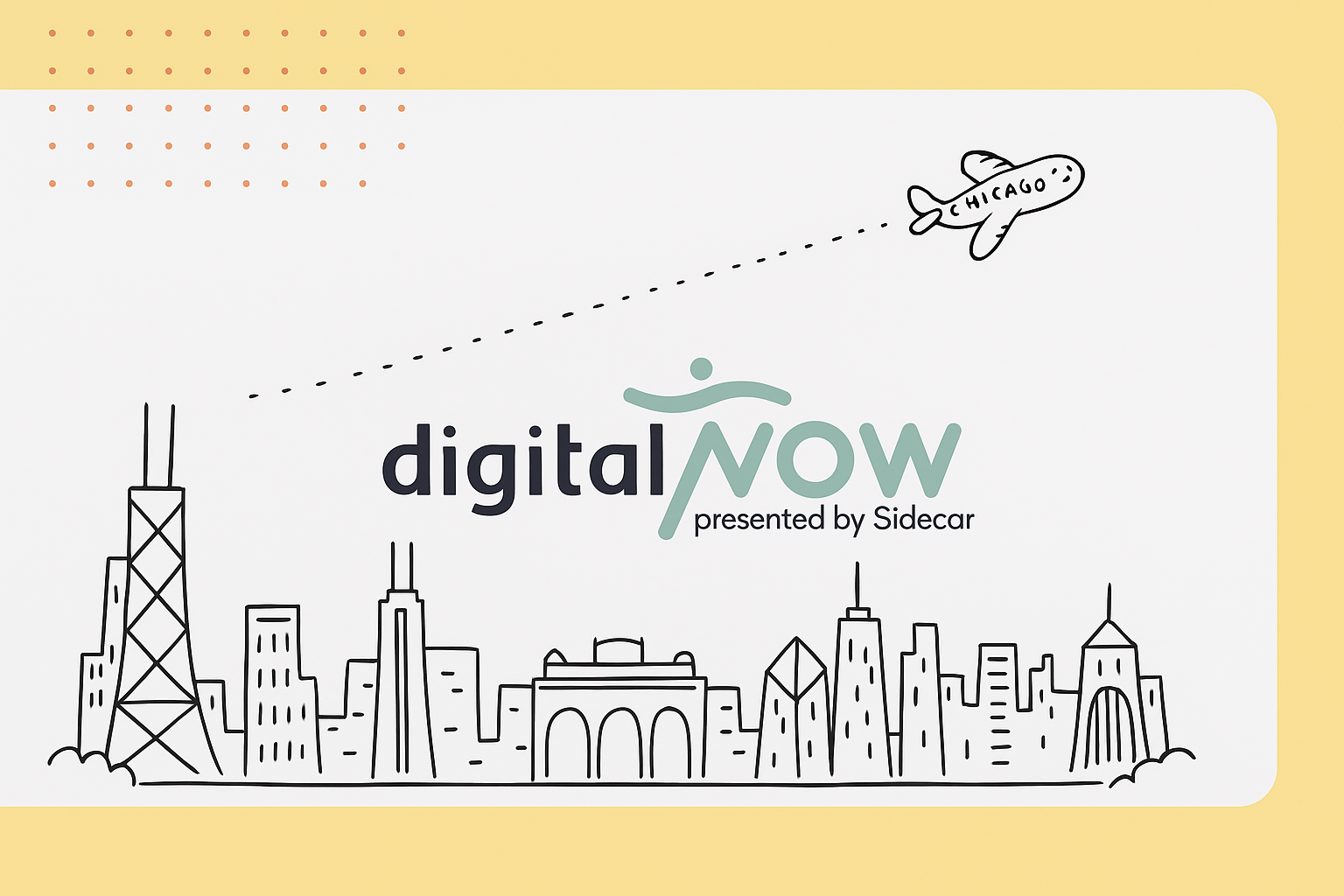 digitalNow 2025 featuring a cartoon plane leaving a cartoon Chicago landscape