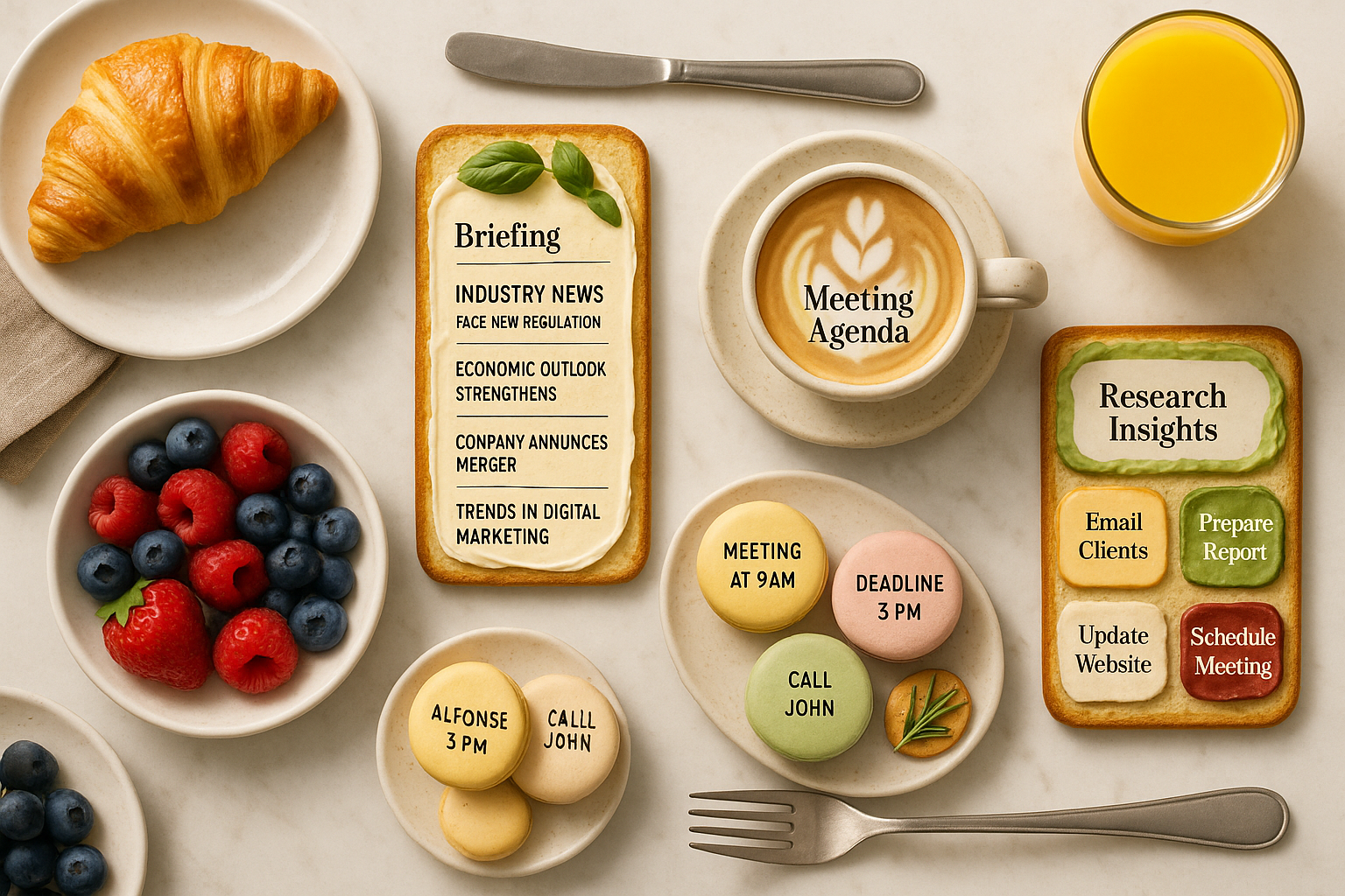 Overhead flat-lay of a bright breakfast table with a croissant, berries, coffee, and orange juice alongside elegant “briefing cards” styled as plated dishes—news headlines on toast, agenda latte art, macaron reminders, and research insights arranged like gourmet food.