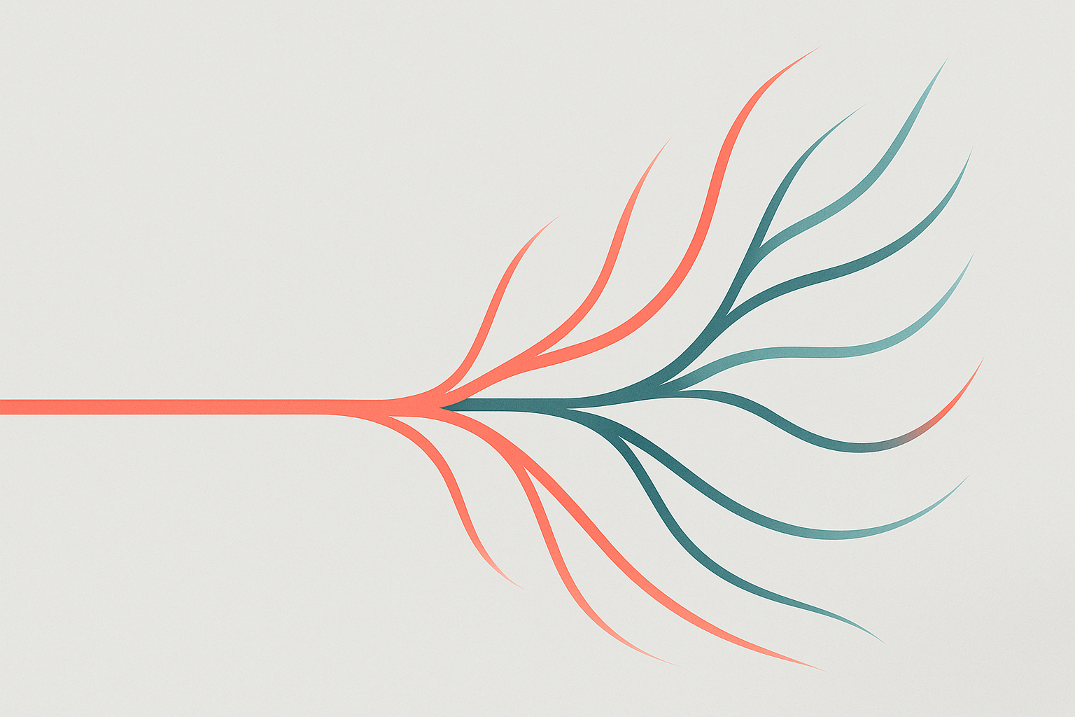 Abstract illustration of a coral line branching into multiple fluid teal and coral paths on a light gray background, symbolizing growth and forward motion.
