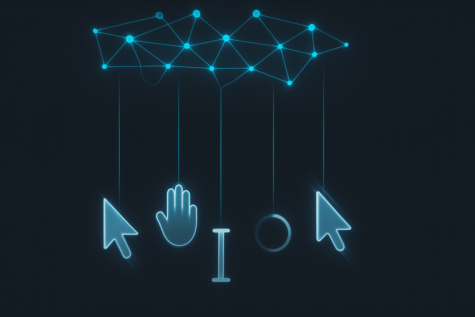 A minimalist digital illustration of glowing computer cursors hanging from thin blue threads connected to a neural network, set against a dark charcoal background.