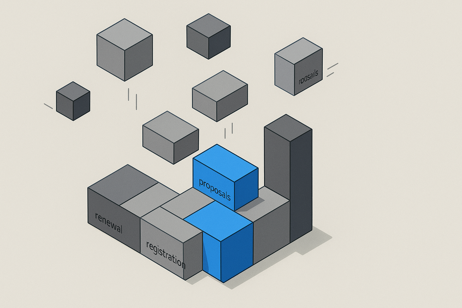 Isometric illustration of gray and blue geometric blocks labeled “renewal,” “registration,” “proposals,” and “routing,” partially assembled into a larger structure against a light gray background, symbolizing progress and modular construction.