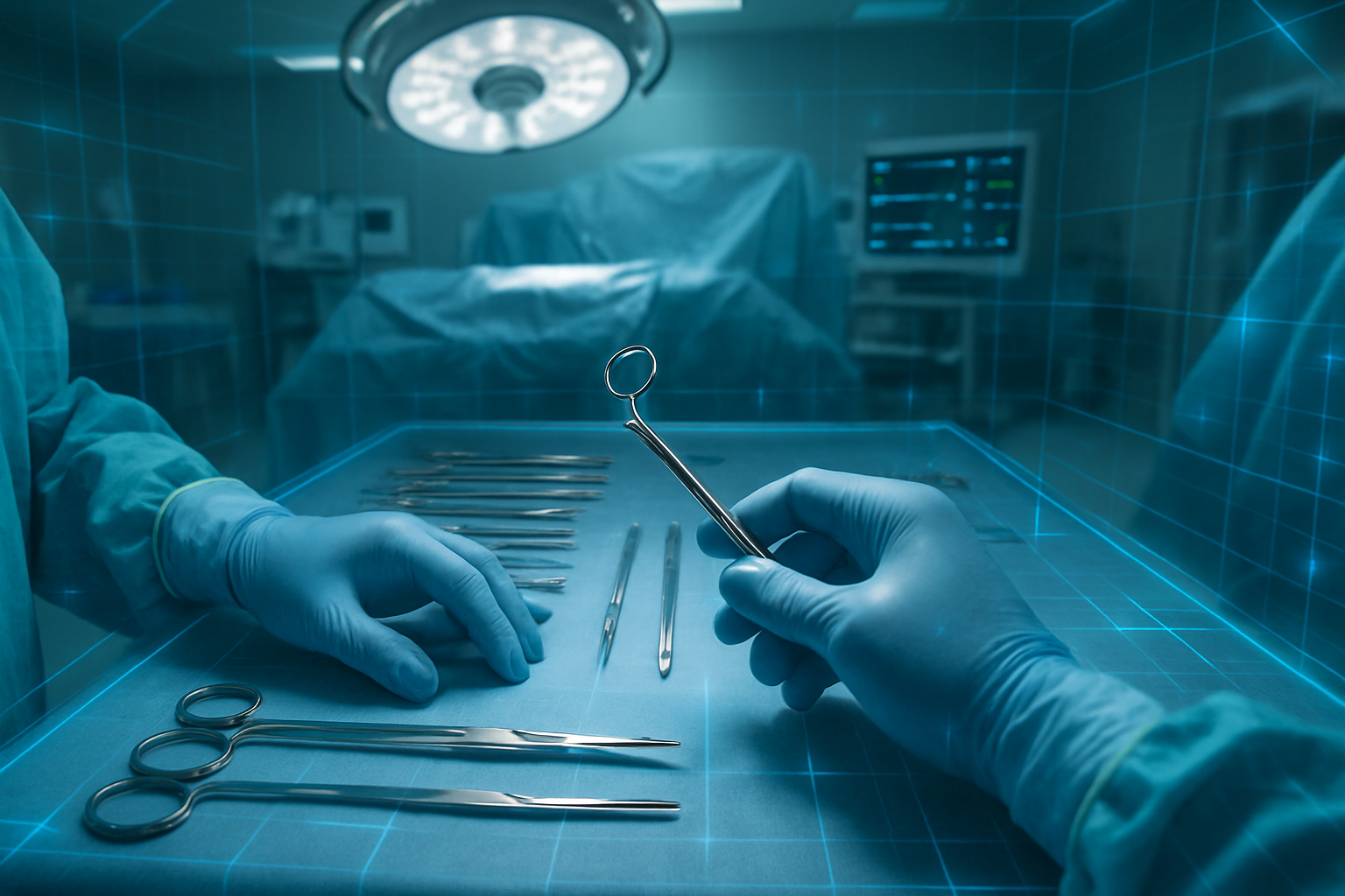 A surgeon’s gloved hands reach for a surgical instrument on a sterile tray, with faint blue AR grid overlays suggesting a VR training simulation in a bright operating room.