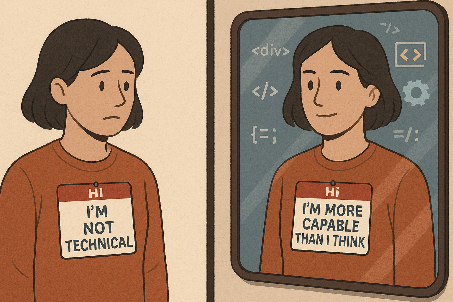 A person looks sadly at their reflection in a mirror. Their real name tag says “Hi I’m Not Technical,” while the reflection smiles confidently with a tag reading “Hi I’m More Capable Than I Think,” surrounded by floating code symbols and tool icons.