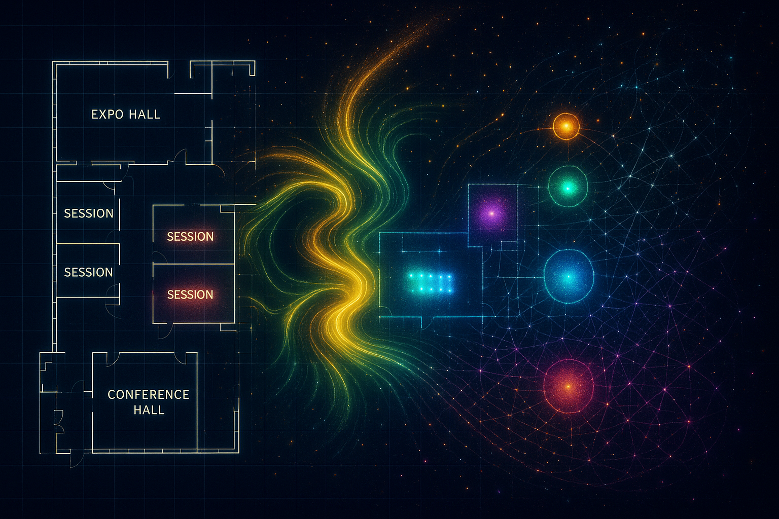 Conference center floor plan with labeled halls and session rooms dissolves into glowing streams of light and vibrant data nodes, forming a cosmic web of connections.