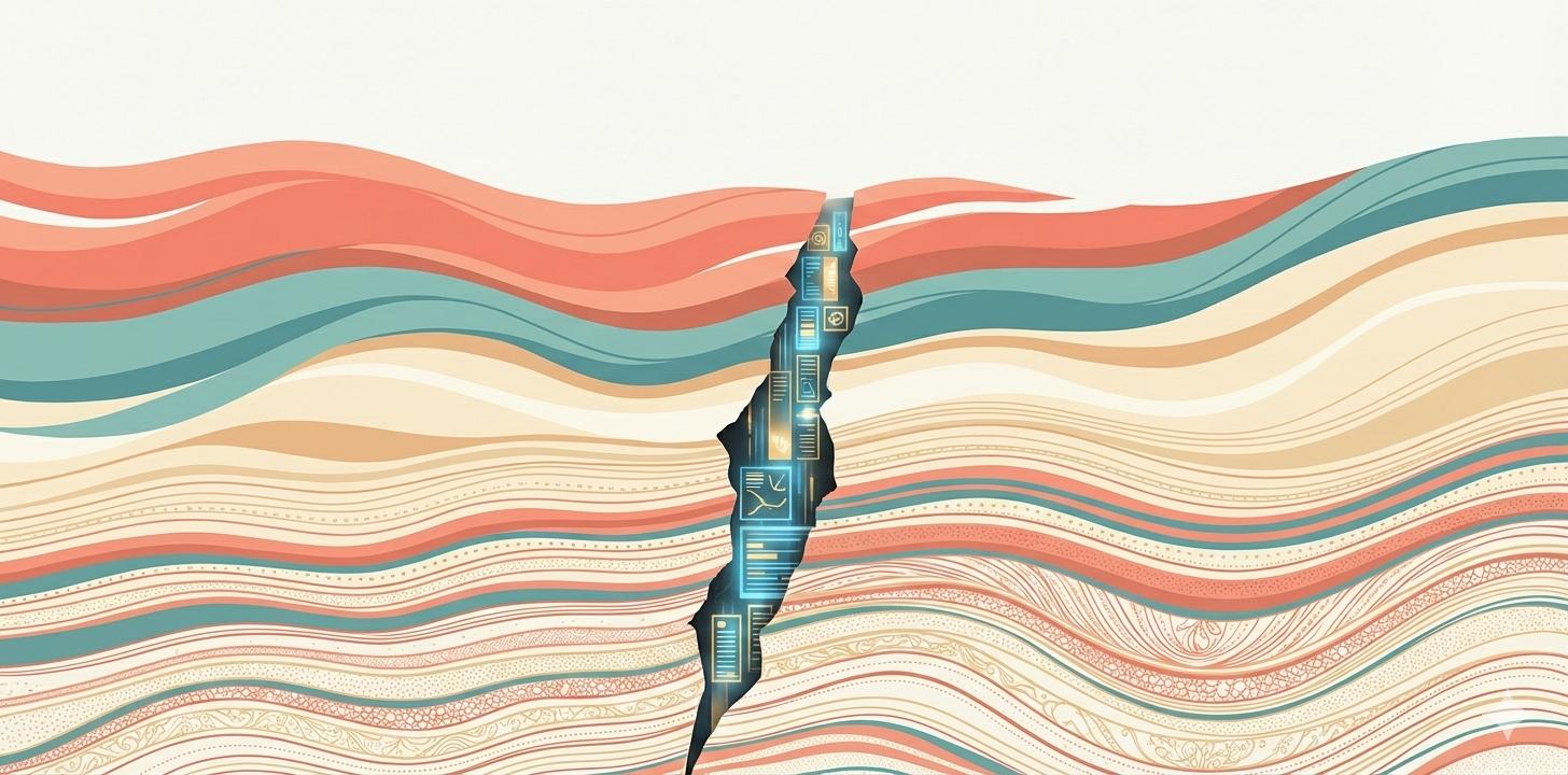 Abstract geological cross-section in coral, teal, and cream tones, featuring a central vertical fissure that reveals a glowing blue digital interface and data panels within.