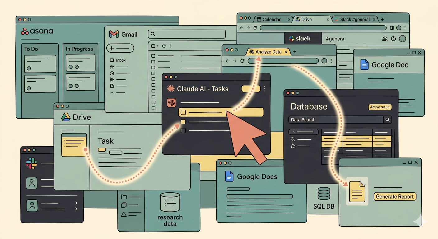 A flat editorial illustration on a cream background, showing a coral-colored arrow cursor following a glowing dotted path through a dense arrangement of overlapping application windows (Asana, Gmail, Drive, Slack, Database, Google Docs). The path originates from a central window labeled 