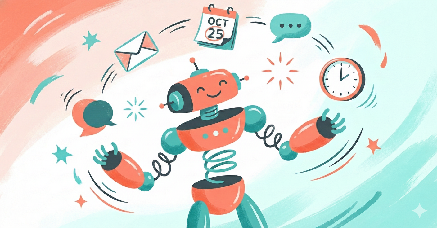 A playful illustration of a smiling robot effortlessly juggling productivity icons