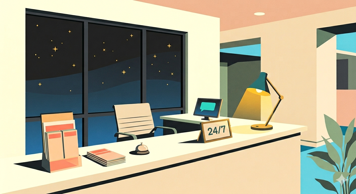 A minimalist illustration of an empty 24/7 hotel front desk at night, with brochures, a bell, a laptop, a lamp, and a star-filled window.