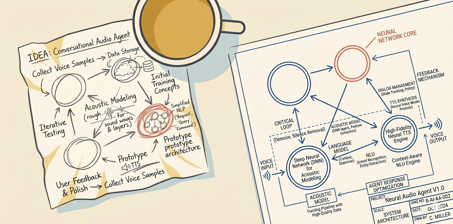 A table-top comparison of two conceptual sketches for an AI audio agent. On the left, a crumpled napkin shows a rough hand-drawn flowchart. On the right, a neat engineering blueprint transforms the sketch into a technical, labeled architectural diagram of deep neural networks and NLP engines.