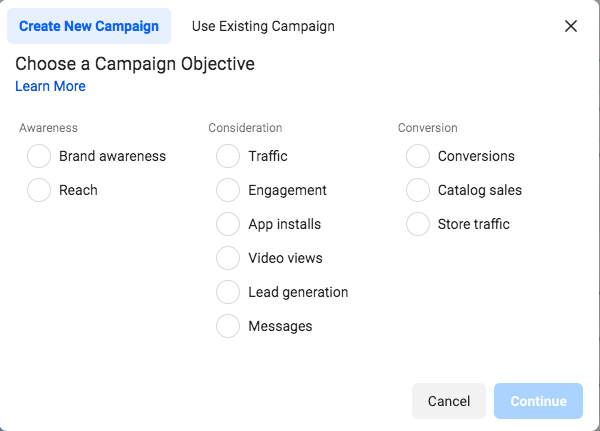 Choosing a Facebook campaign goal